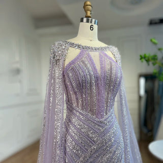 Lilac Mermaid Evening Gown 2024: Cape Sleeves, Luxury Beaded, Open Split for Women's Wedding Party