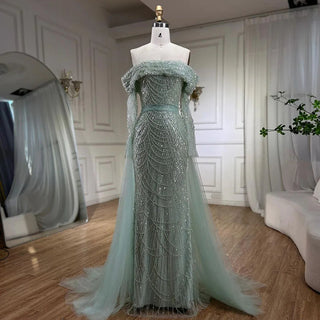 Ships in 1 to 3 Days - Arabia Nude Mermaid Boat Neck Evening Dress with Overskirt - Luxurious Attire for Women's Wedding Party 2024