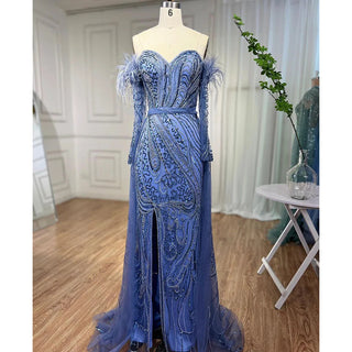 Chic Arabic Luxury Nude Mermaid Evening Dress with High Split, Beaded Feathers - Long 2024 Gown for Women's Wedding Party