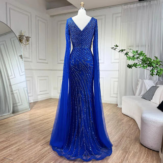 Ships in 1 to 3 Days – Arabic Mermaid Blue Beaded Elegant Cape Sleeves Luxury Evening Dress Gown for Women Wedding Party 2024