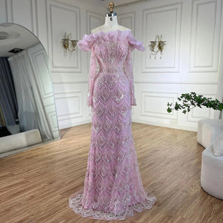 Elegant Arabic Peach Mermaid Evening Gown with Pearl and Beaded Detailing