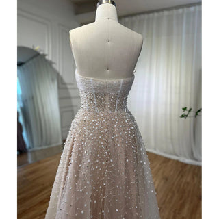 Arabic Beige A-Line Evening Dress 2024: Strapless, Beaded, Elegant - Ideal for Women's Wedding Party