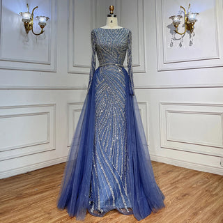 Ships in 1 to 3 Days - Sapphire Serenity: Elegant Beaded V-Neck Mermaid Gown in Blue Grey Party 2024