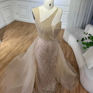 Ships in 1 to 3 Days - 2024 Nude Saudi Arabic Evening Gown - Beaded Tassel Dress for Formal Occasions