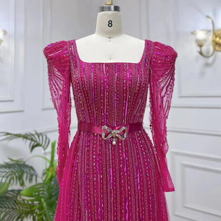 Dubai Fuchsia Elegance: Luxury Evening Dress with Long Sleeves, Overskirt, and Arabic-inspired Elegance for Women at Wedding Parties and Formal Events.