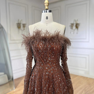 2024 Brown Feathers Beaded Evening Dress with Cape Sleeves - A-Line Gown for Women's Wedding Party