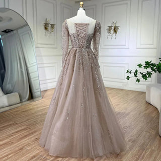 Ships in 1 to 3 Days - Muslim Pink A-Line Beaded Luxury Dubai Long Evening Dress - Gown for Women's Wedding Party 2024