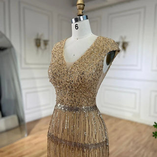 Ships in 1 to 3 Days - Luxury Dubai Arabic Mermaid Gold Elegant Tassel Beaded Evening Dresses Gowns for Women's Wedding Party 2024