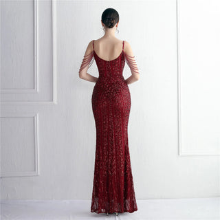 Sexy V-Neck Pink Sequin Party Maxi Dress with Straps and Beading - Long Prom Evening Dress for Women