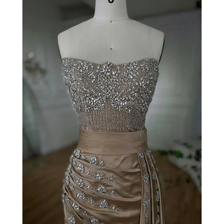 High Split Mermaid Nude Evening Dress 2024: Sexy Strapless Gown with Crystal Beading