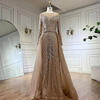 Nude Luxury Muslim Mermaid Evening Dress with Beaded Overskirt - Elegant Gown for Women's Party 2024