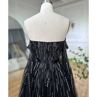 Black A-Line Strapless Evening Dresses 2024 - Cape Sleeves with Luxury Crystal Beading for Women's Party