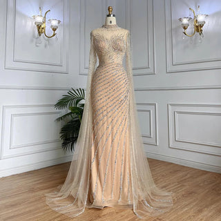 Ships in 1 to 3 Days - Arabic Caramel Mermaid Evening Dress with Cape Sleeves - Lace Beaded Long Gown for Women's Wedding Party (2024)