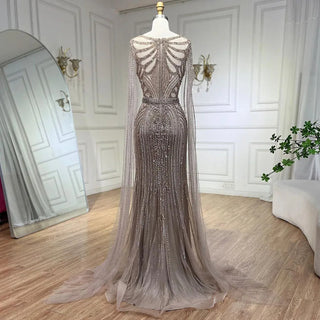 Cocoa Splendor: Brown Mermaid Gown with Beaded Cape Sleeves – 2024 Luxury Evening Collection