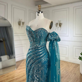 Ships in 1 to 3 Days - Arabic Blue Strapless Yellow High-Split Mermaid Beaded Luxury Evening Gown for Women Wedding Party 2024