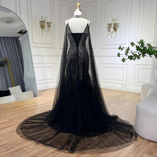 Blue Spaghetti Strap Long Cloak Mermaid Beaded Lace-Up Luxury Evening Dresses Gowns for Women Wedding Party