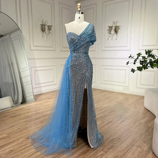 2024 Green Mermaid High Split One Shoulder Beaded Evening Dress: Gowns for Women's Wedding Party