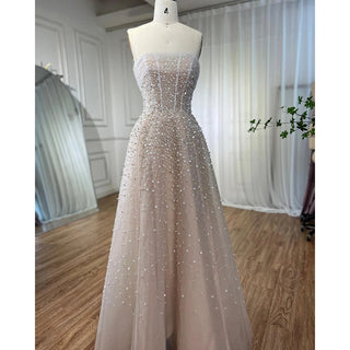 Ships in 1 to 3 Days –Arabic Beige A-Line Evening Dress 2024: Strapless, Beaded, Elegant - Ideal for Women's Wedding Party