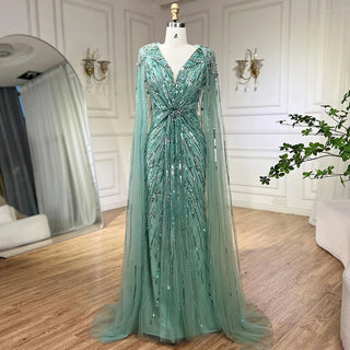 Arabic Turquoise Mermaid Evening Dress 2024 with Beaded Cape Sleeves, Elegant Luxury - Ideal for Women's Wedding Party