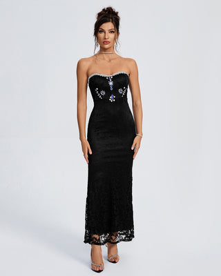 Ships in 1 to 3 Days - Strapless Lace Gown with Embroidered Floral Accents