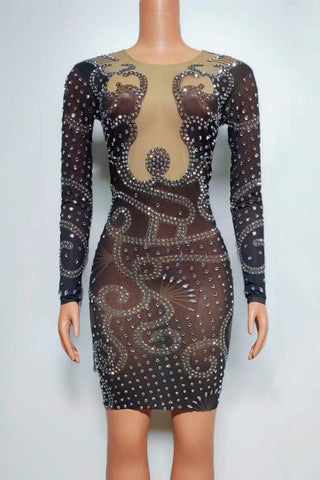 Sheer Mesh Bodycon Dress with Rhinestone Embellishments