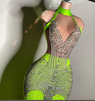 Neon Green Crystal-Embellished Mermaid Gown with Feathered Skirt