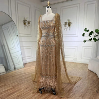 Bling Gray Mermaid Arabic Evening Dress with Cape Feather: Prom Formal Attire for Women's Wedding Party