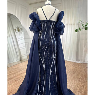 Ships in 1 to 3 Days - Arabic Navy Blue Elegant Mermaid Evening Dress with Balloon Sleeves - Beaded Luxury Dubai Gown for Women's Party