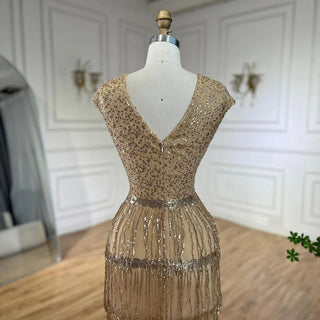 Ships in 1 to 3 Days - Luxury Dubai Arabic Mermaid Gold Elegant Tassel Beaded Evening Dresses Gowns for Women's Wedding Party 2024