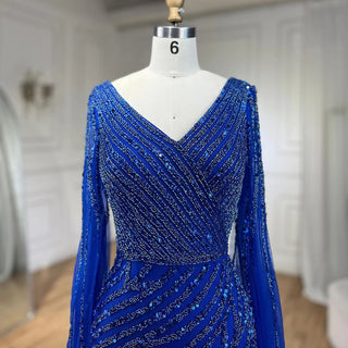 Ships in 1 to 3 Days – Arabic Mermaid Blue Beaded Elegant Cape Sleeves Luxury Evening Dress Gown for Women Wedding Party 2024