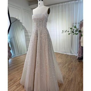 Ships in 1 to 3 Days –Arabic Beige A-Line Evening Dress 2024: Strapless, Beaded, Elegant - Ideal for Women's Wedding Party