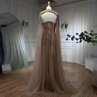 Arabic Green Cape Sleeves A-Line Beaded Evening Dress - Long Celebrity Gown for Women's Wedding Party 2024