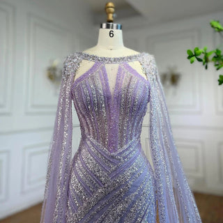 Lilac Mermaid Evening Gown 2024: Cape Sleeves, Luxury Beaded, Open Split for Women's Wedding Party