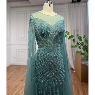 Ships in 1 to 3 Days - Nude Arabic Mermaid Cape Sleeves O-Neck Beaded Evening Dress - Luxury Gown for Women's Wedding Party 2024