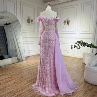 Elegant Arabic Peach Mermaid Evening Gown with Pearl and Beaded Detailing