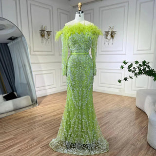 Luxury Dubai Green Boat Neck Mermaid Elegant Feathers Beaded Evening Dresses Gowns For Woman Wedding Party