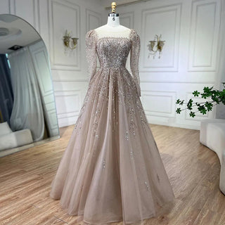 Muslim Pink A-Line Beaded Luxury Dubai Long Evening Dress - Gown for Women's Wedding Party 2024