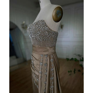 High Split Mermaid Nude Evening Dress 2024: Sexy Strapless Gown with Crystal Beading