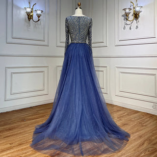 Ships in 1 to 3 Days - Sapphire Serenity: Elegant Beaded V-Neck Mermaid Gown in Blue Grey Party 2024