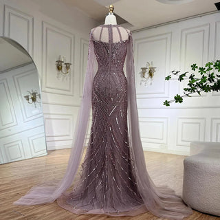 2024 Arabic Caramel Mermaid Evening Dress with Beaded Elegant Cape Sleeves Gown for Women's Wedding Party