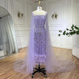 Lilac Majesty: 2024 Mermaid Ankle-Length Midi Feather Beaded Luxury Evening Dress with Cape - Gown for Women's Party