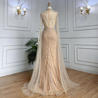 Ships in 1 to 3 Days - Arabic Caramel Mermaid Evening Dress with Cape Sleeves - Lace Beaded Long Gown for Women's Wedding Party (2024)