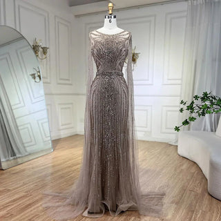 Cocoa Splendor: Brown Mermaid Gown with Beaded Cape Sleeves – 2024 Luxury Evening Collection