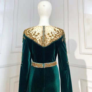 Muslim Green Cape Sleeves Evening Dress 2024 - Beaded Elegant Mermaid Velour Gown