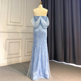 Ships in 1 to 3 Days - 2024 Arabic Blue Mermaid Evening Gown: Sexy High Split with Beaded Elegance - Ideal for Women's Party Glamour