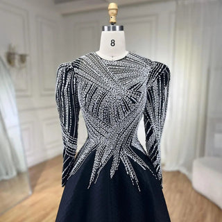 Luxury Black Short Muslim Evening Dress: 2024 Elegant A-Line Arabic Women's Party Prom Formal Dresses with Long Sleeves