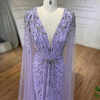 Ships in 1 to 3 Days – Dubai's Luxe Elegance: Sage Green Evening Dresses with Cape, Fuchsia Crystal, and Gold Accents for Women's Weddings and Formal Parties (2024)