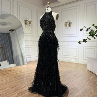 Dubai Halter Beige Feathers Beaded Formal Luxury Mermaid Evening Dress for Women Wedding Party 2024