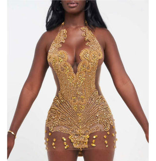 Ships in 1 to 3 Days - Glamorous Halter-Neck Crystal Bodysuit with Intricate Beading