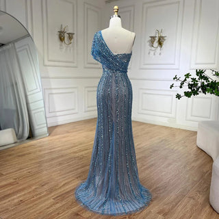 2024 Green Mermaid High Split One Shoulder Beaded Evening Dress: Gowns for Women's Wedding Party